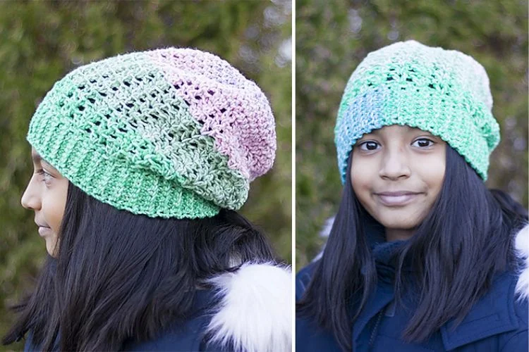 Two pictures of a girl wearing a crocheted hat.