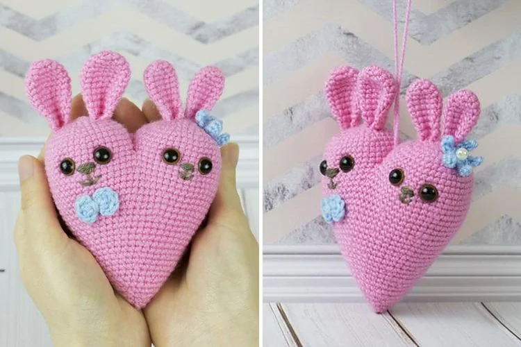 Two pink bunny amigurumi dolls with bows.