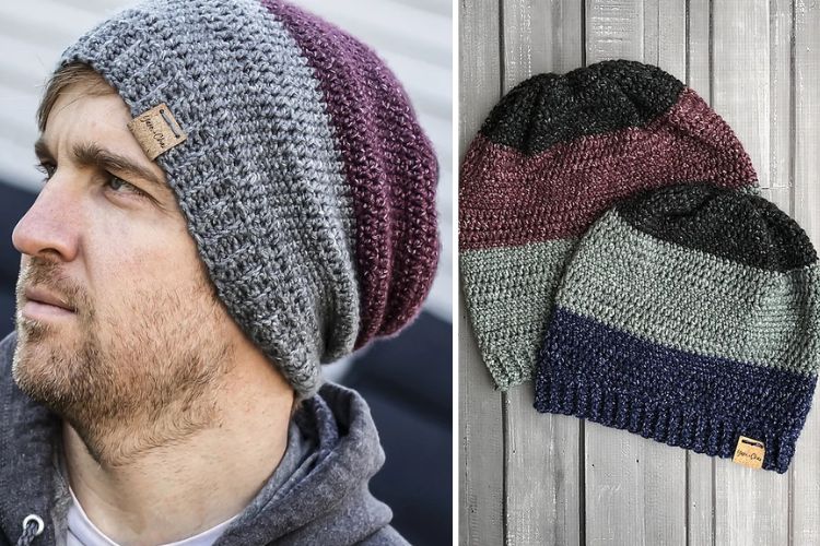 Two pictures of a man wearing a knitted beanie.