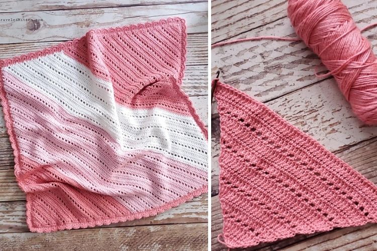 A pink crocheted afghan on a wooden table.