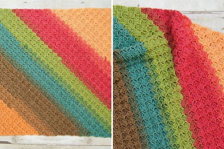 Two pictures of a crocheted afghan with colorful stripes.