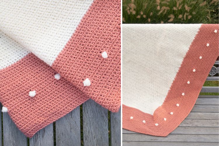 Two pictures of a crocheted blanket with pom poms.