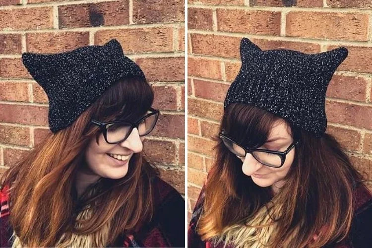 Two pictures of a woman wearing a knitted cat hat.