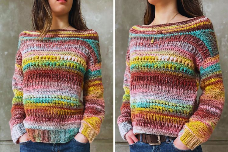 Two pictures of a woman wearing a colorful sweater.