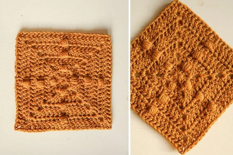 Two pictures of a brown crocheted square.