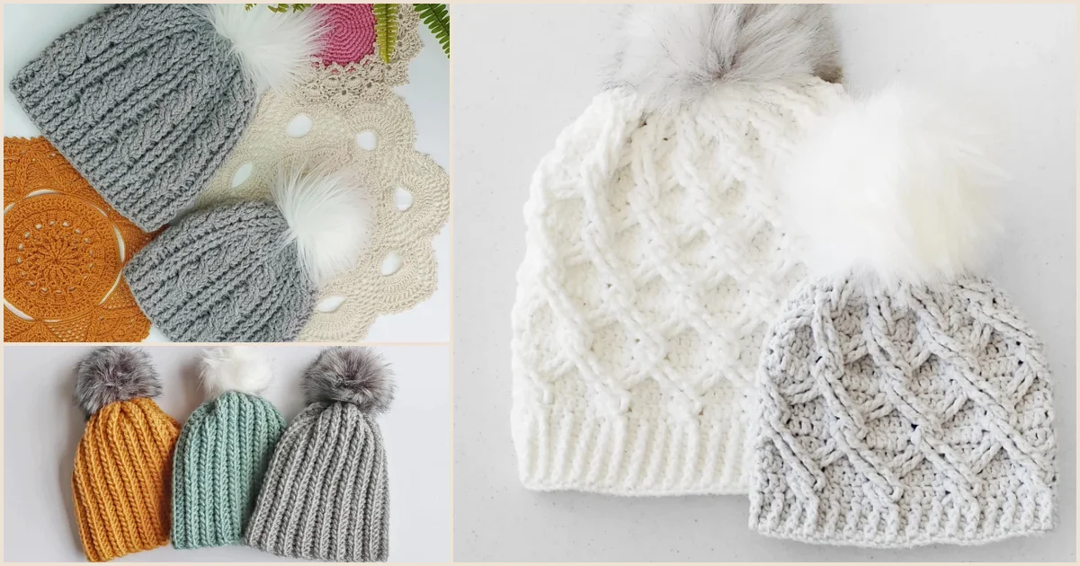 Crochet beanie hats with pom poms and pom poms, featuring trendy crochet hat patterns.