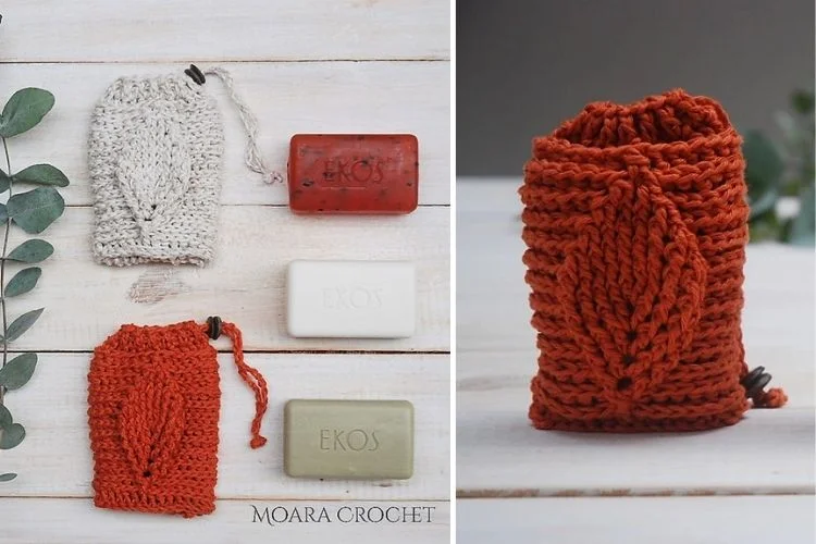 A crocheted soap holder with orange yarn and a soap bar.