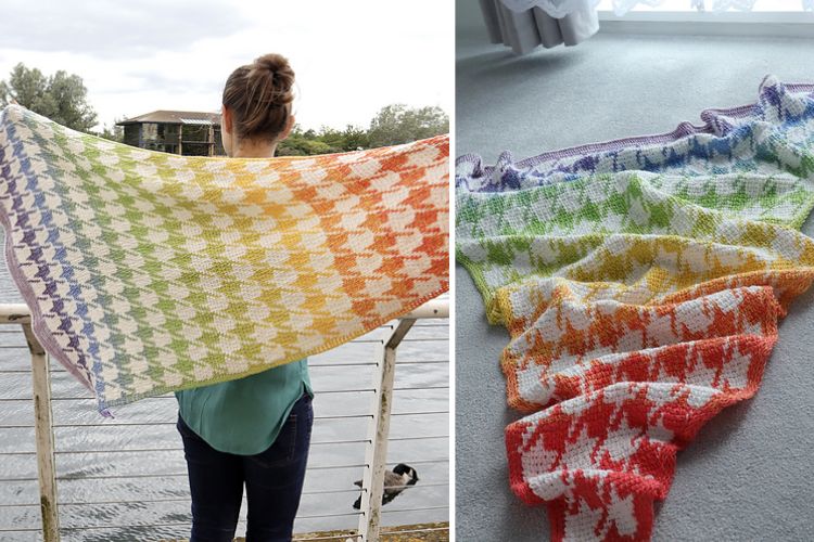 Two pictures of a woman holding a rainbow shawl.