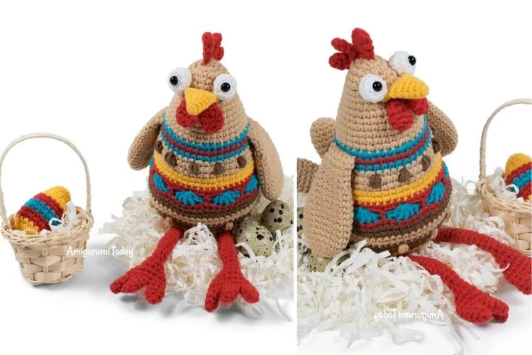 A crocheted rooster with a basket.