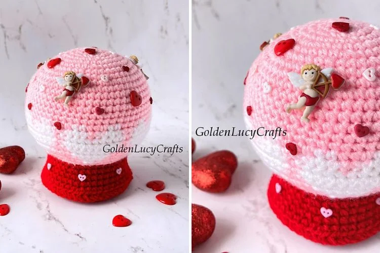 Two pictures of a crocheted valentine's heart.