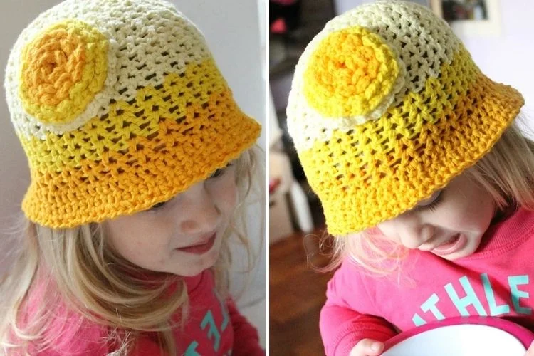 Two pictures of a little girl wearing a crocheted egg hat.