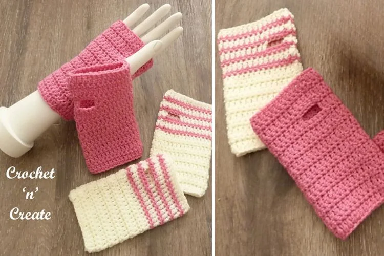 A pair of pink and white easy stitch fingerless gloves, crocheted using a gentle technique.