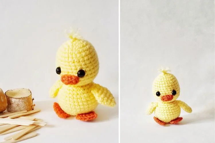 A yellow crocheted toy duck.