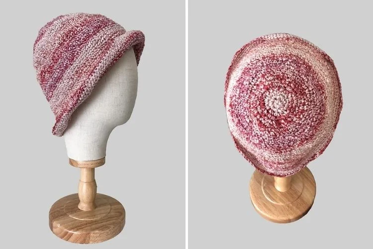 Two pictures of a knitted hat on a wooden stand.