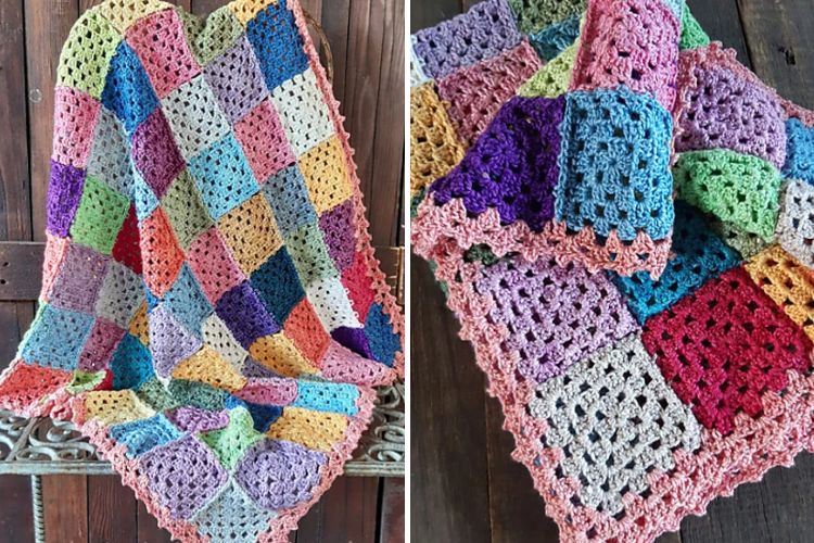 A colorful crocheted afghan on a wooden table.