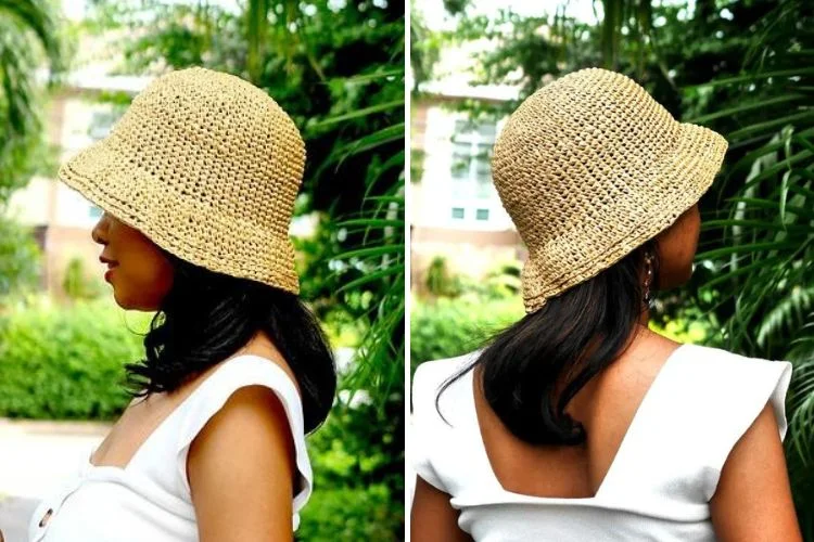 Two pictures of a woman wearing a straw hat.