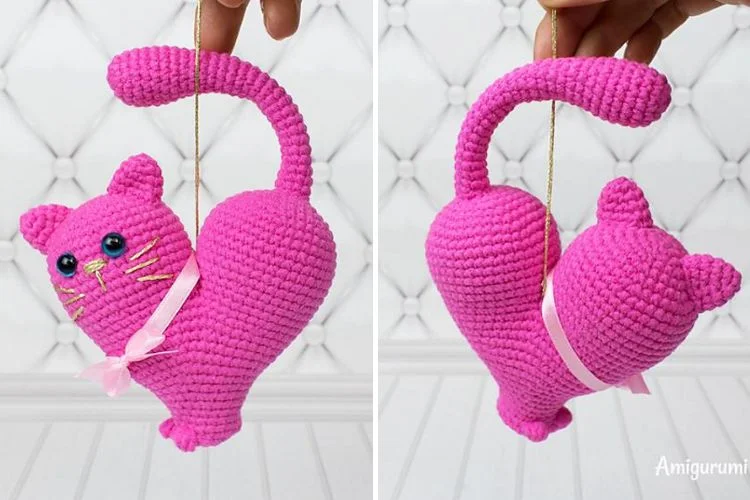 Two pictures of a crocheted pink cat hanging on a string.