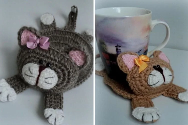 Two pictures of a crocheted cat with a mug.