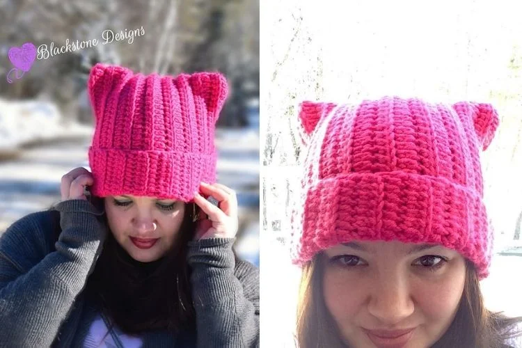 Two pictures of a woman wearing a pink cat hat.