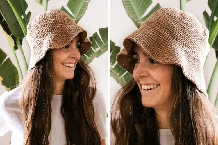 Two pictures of a woman wearing a hat.