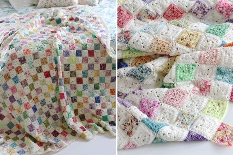 Two pictures of crocheted blankets on a bed.