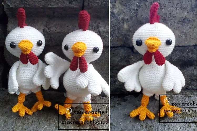 Two crocheted chickens standing next to each other.