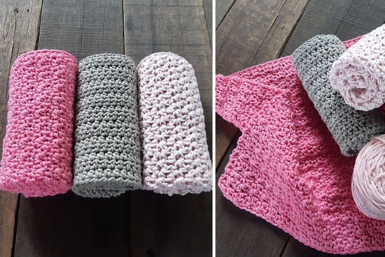 Crocheted dishcloths in pink and grey.