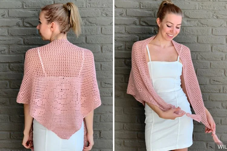 Two pictures of a woman wearing a pink crocheted shawl.