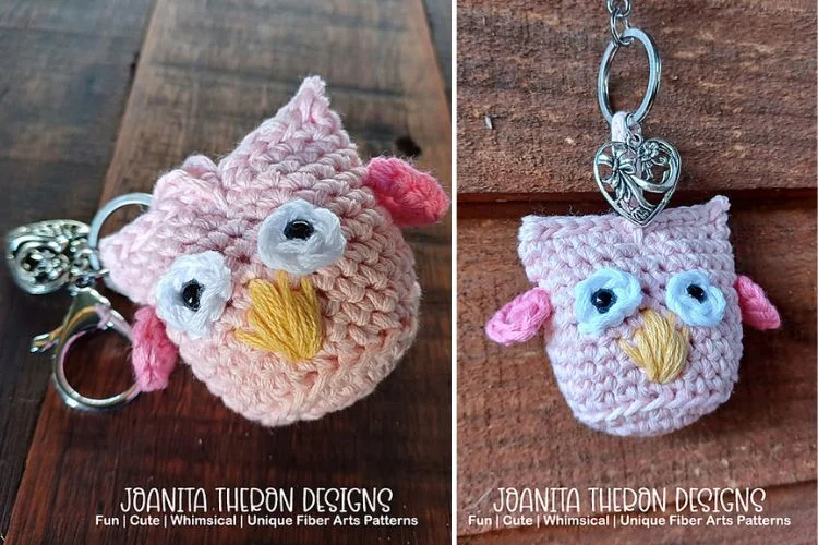 Two pictures of crocheted owl keychains.