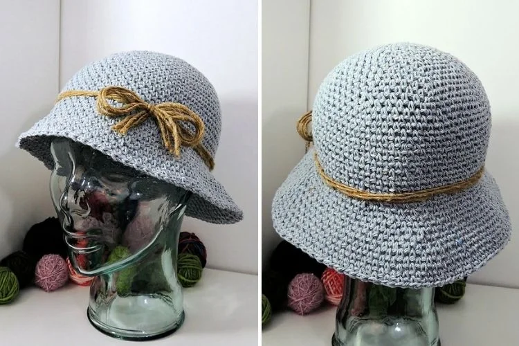 Two pictures of a crocheted hat with a bow.