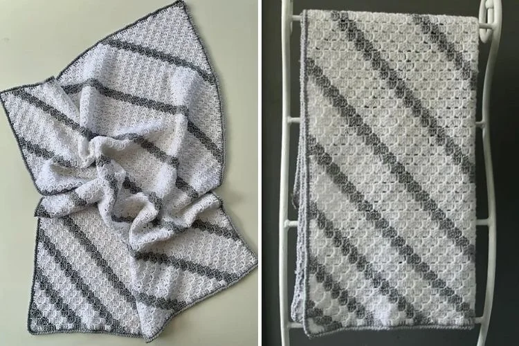 Two pictures of a grey and white crocheted afghan.