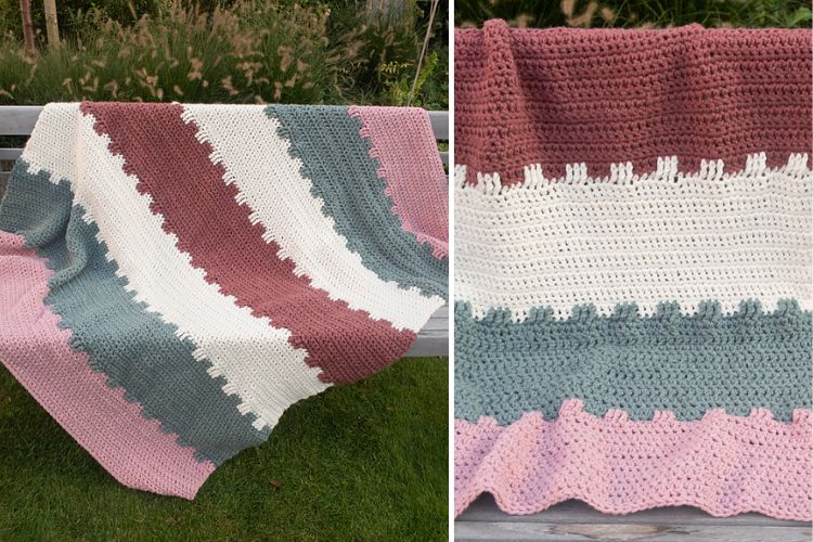 Two pictures of a crocheted blanket on a bench.