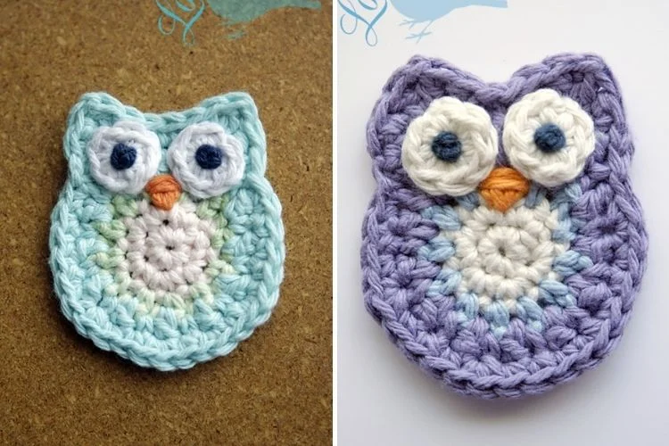 Two pictures of crocheted owls.