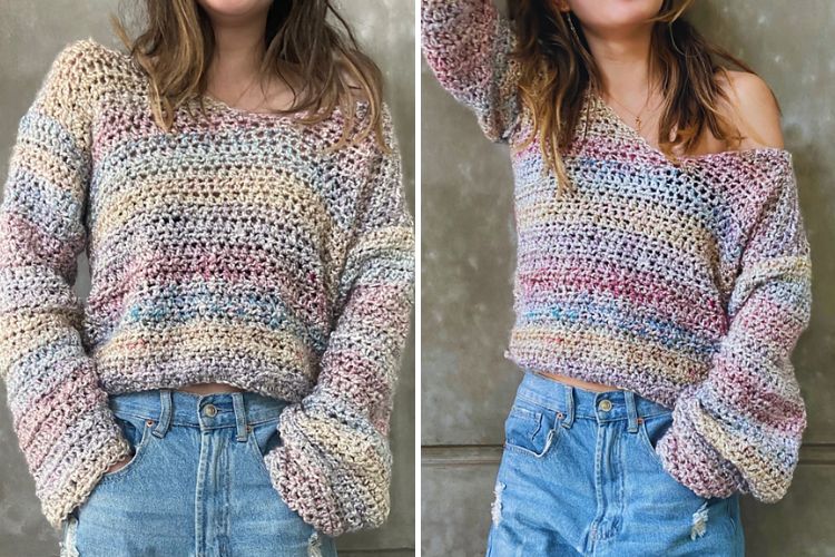 Two pictures of a woman wearing ripped jeans and a crocheted sweater.