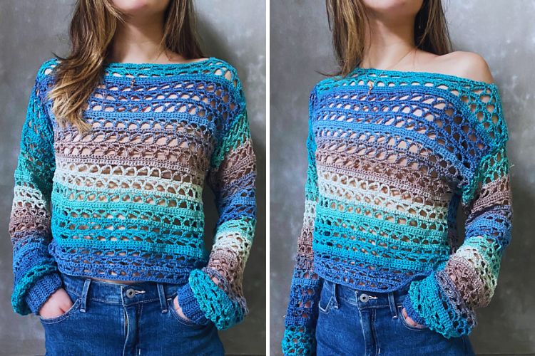 Two pictures of a woman wearing a crocheted sweater.