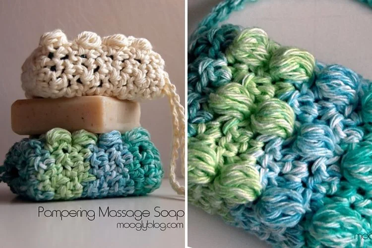 Two pictures of crocheted soaps and a crocheted soap holder.