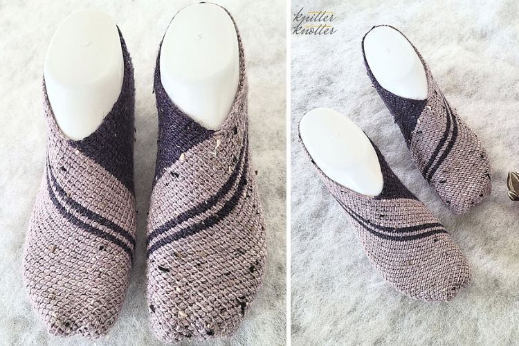 A pair of knitted slippers on a white surface.