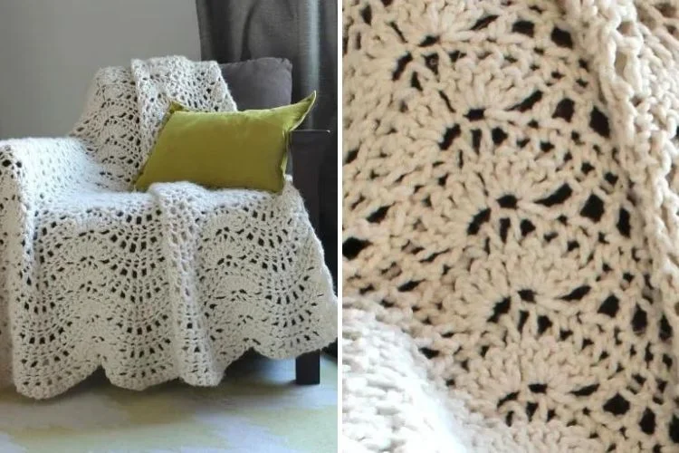 A white crocheted blanket on a chair.