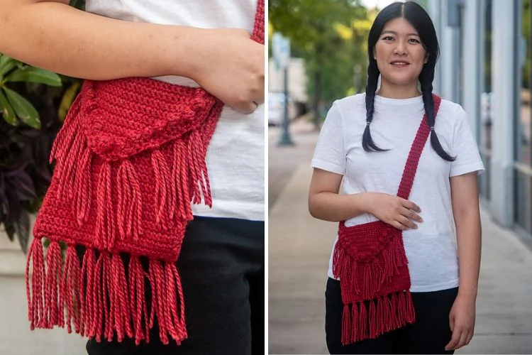 Two pictures of a woman holding a red crocheted bag.