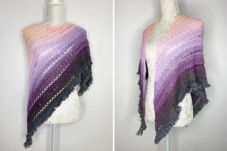 Two pictures of a purple and gray shawl with fringes.