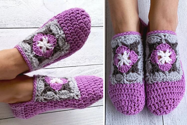 A pair of crocheted slippers with flowers on them.