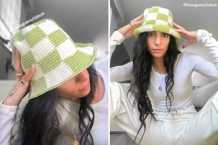 A woman wearing a green and white crocheted hat.