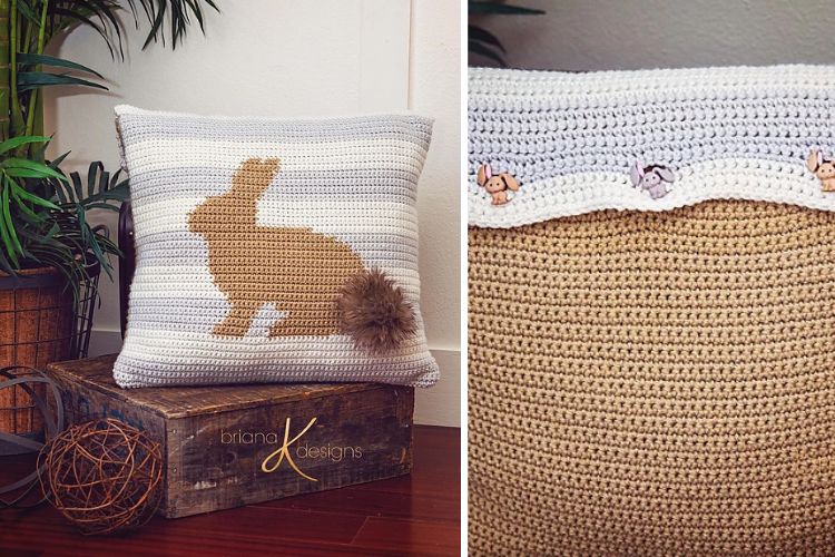 Two pictures of a crocheted pillow with a bunny on it.