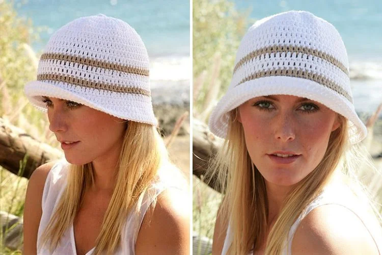 Two pictures of a woman wearing a white crocheted hat.