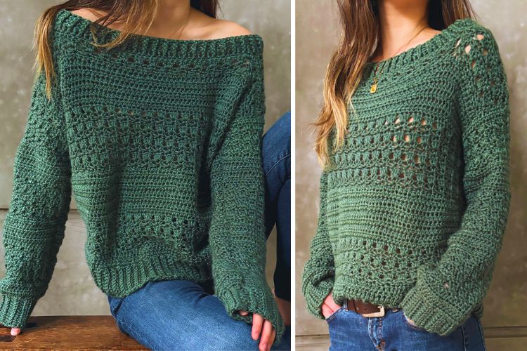 Two pictures of a woman wearing a green sweater.