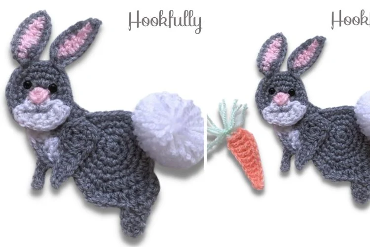 A crocheted bunny with a carrot next to it.