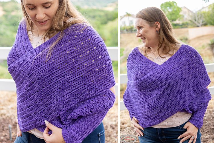 Two pictures of a woman wearing a purple crocheted poncho.