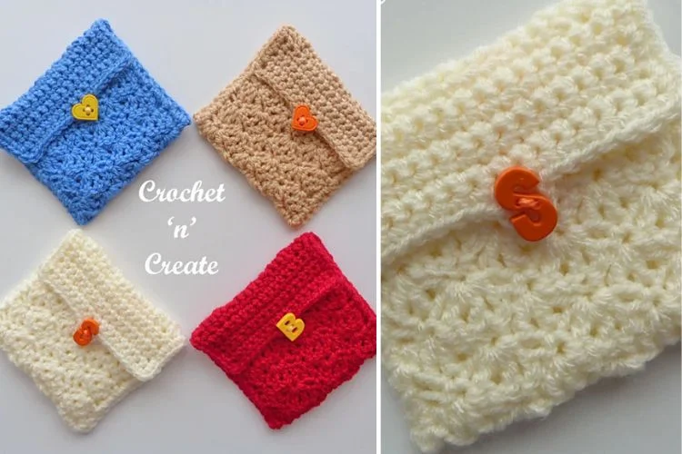 Crocheted pouches with buttons on them.