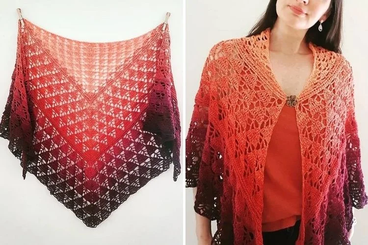 Two pictures of a woman wearing a crocheted shawl.