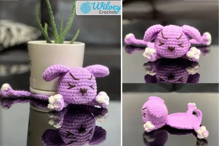 A purple crocheted stuffed animal with a potted plant.